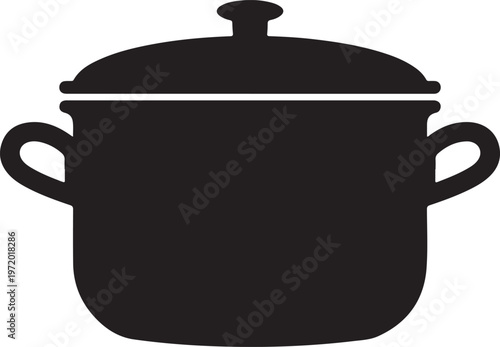 Black silhouette of a cooking pot with lid and handles on a white background.