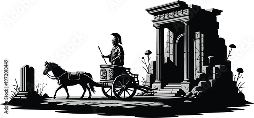 Ancient Greek Man Riding Horse-Drawn Chariot beside Ruins
