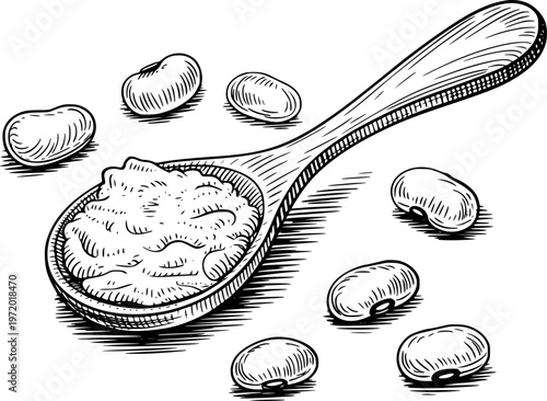 Hand drawn of mashed beans in wooden spoon with scattered beans white background