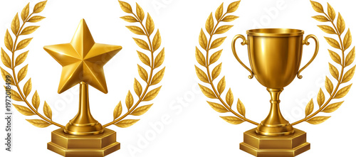 Konstfotografi Set of Gold Cup Trophy with Laurels gold trophy cup on transparent background  Champion trophy, shiny golden cup, sport award