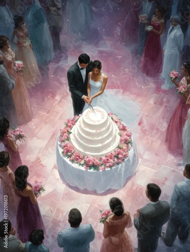 Bride and groom in formal attire stand together, preparing to cut a multi-tiered wedding cake adorned with flowers, surrounded by guests in elegant dresses and suits, celebrating a joyful occasion