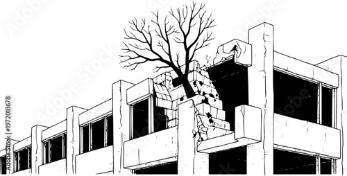 Bare tree growing from cracked concrete building ruins with dark windows