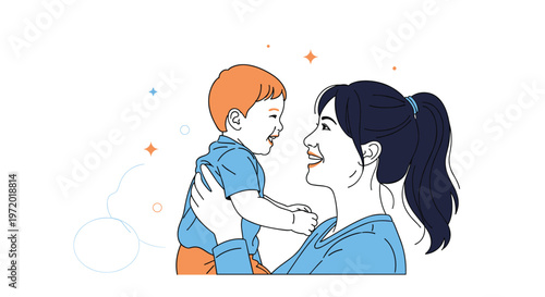 Smiling mother happily holding her young son in her arms against white background representing parental love and family bond.