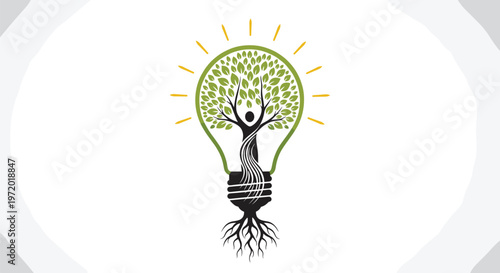 Green energy concept showing lightbulb shape formed by tree leaves and roots symbolizing sustainable innovation and eco-friendly ideas.