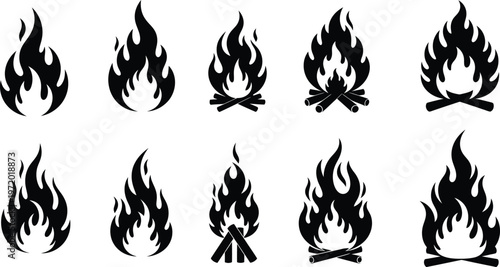 Black Fire Flames Icons Set on White Background