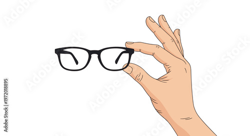 Human hand holding black rimmed eyeglasses between fingers against white background representing vision correction and eye health care.