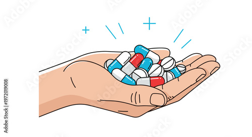 Human hand holding pile of colorful medical capsules and pills against white background for healthcare and pharmacy concept.