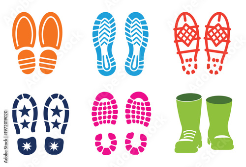фотографія Colorful barefoot prints and dark shoe sole imprints, showcasing various pattern