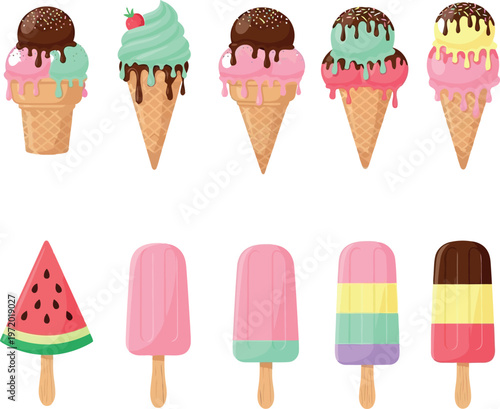 A colorful collection of sweet ice cream cones with chocolate, strawberry, and vanilla flavors, summer style