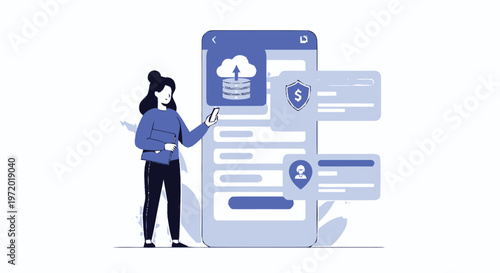 Woman Interacting with Mobile Phone Interface for Data Storage and Security.