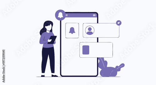 Woman Interacting with Mobile Phone Interface for Social Media.