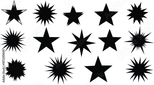 Black Stars and Explosive Starbursts on White Background