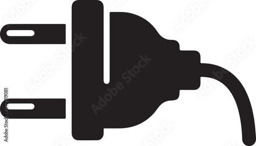 Black silhouette of an electrical plug with two prongs and a cord on a white background.