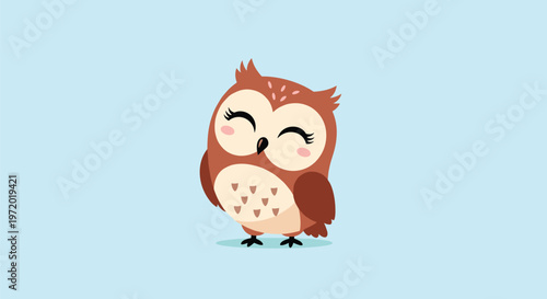 Adorable brown owl with big closed eyes and sweet smile sitting against light blue background for nursery wall art.