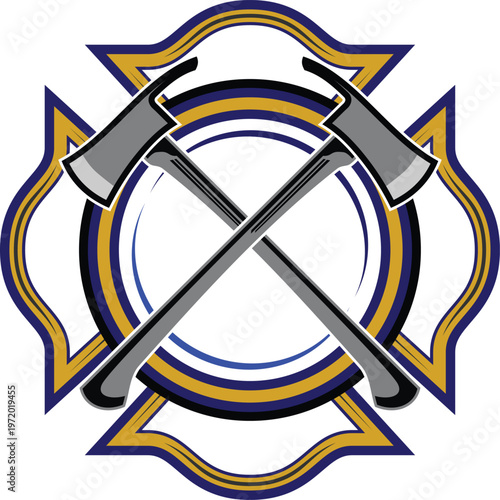 Crossed axe fireman logo with fire fighter badge emblem