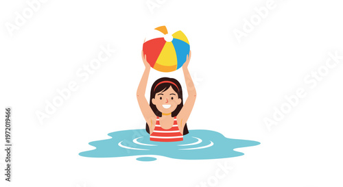 Happy young girl in striped swimsuit holding colorful beach ball above her head while playing in blue water of swimming pool.