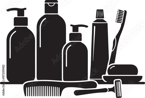 Black silhouette illustration of bathroom toiletries and accessories on a white background