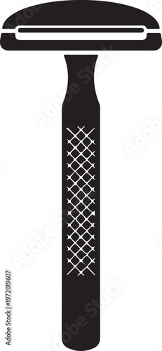 Black safety razor with intricate handle design, isolated on white background