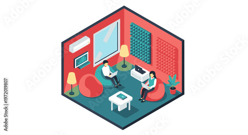 Isometric illustration of two people working remotely on laptops in a modern, casual office space with beanbag chairs, fostering collaboration and productivity.