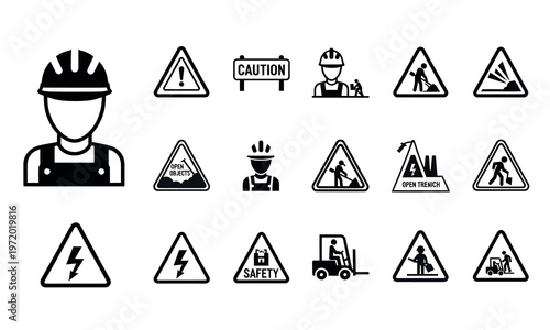 Collection of construction and safety warning icons for workplace hazards