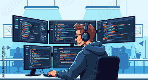 Dedicated software developer immersed in coding on multiple monitors in a modern tech office environment, showcasing digital expertise and productivity.
