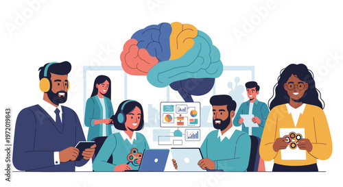 Diverse business team collaborating on innovative ideas and data analysis, leveraging collective intelligence and creative thinking for problem-solving.