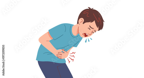 Young boy doubling over in pain while holding his stomach to illustrate symptoms of illness, food poisoning, or digestive problems.
