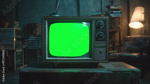 Vintage Television with Green Screen: A retro television with a bright green screen sits in a dimly lit room, inviting the viewer to envision endless possibilities.