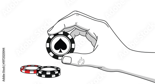 Close up line art drawing of a human hand holding a poker chip with a spade symbol for gambling, casino, and game night themes.