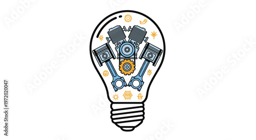 Conceptual illustration of a light bulb containing a complex mechanical engine and gears representing engineering and industrial ideas.