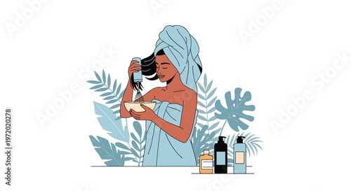 Woman wearing towels around her head and body applying a hair mask or treatment from a bowl in a tropical leaf setting.
