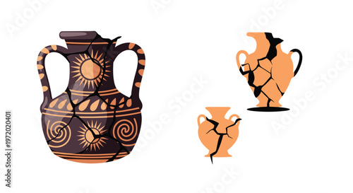 Ancient Greek pottery amphora vases with cracks and missing pieces representing archaeological finds and historical heritage preservation.
