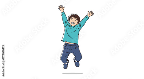 Energetic young boy jumping with arms raised high and a cheerful facial expression depicting happiness, success, or victory on a white background.