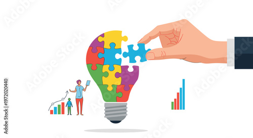 Large hand placing a blue puzzle piece into a colorful jigsaw light bulb symbolizing the completion of a creative idea or business strategy.