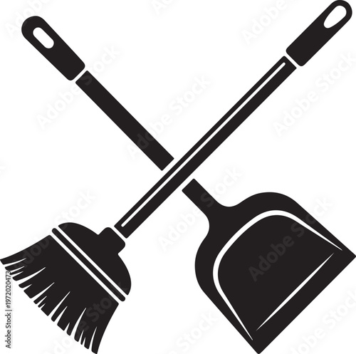 Black and white illustration of a broom and dustpan set for cleaning purposes