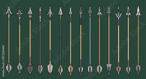 Collection of Antique Arrows with Metal Arrowheads and Wooden Shafts