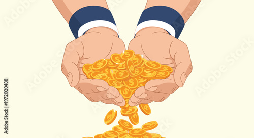 Person in a suit holding a large pile of falling gold coins in their cupped hands representing wealth, profit, or financial abundance.