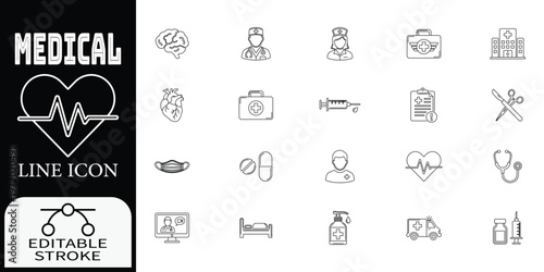 Editable stroke medical line set with healthcare symbols line editable stroke black and white