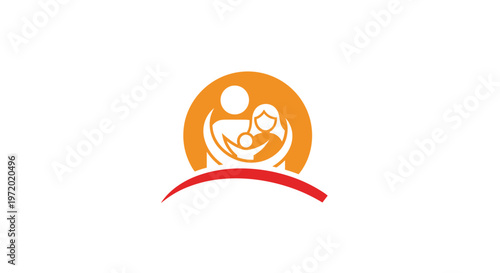 Family insurance or support logo featuring silhouettes of parents and a child enclosed in an orange circular shape above a red arching line.