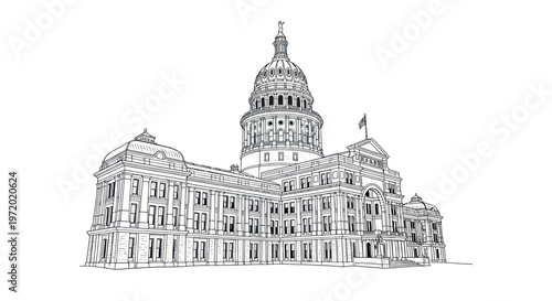 Texas State Capitol Building Sketch, Austin Landmark, Government Architecture