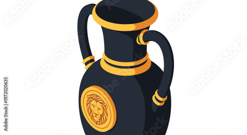 Black isometric ancient Greek amphora vase decorated with gold trim and a golden lion head emblem on its side for a royal aesthetic.