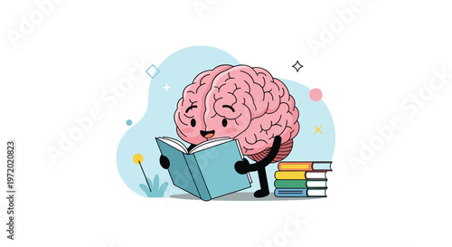 Cute cartoon brain character sitting on the ground and reading a book with a stack of textbooks nearby to represent learning and intelligence.