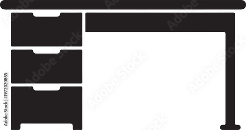 Minimalist black silhouette of a functional office desk featuring three integrated drawers on the left side, isolated on a pristine white background, ideal for workspace and home office concepts.