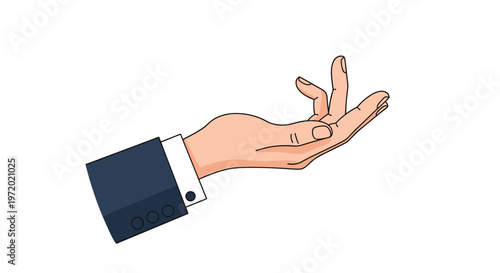 Human hand and arm in a suit cupped upwards as if holding something small or offering assistance on a white background.