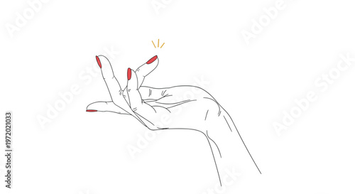 Elegant feminine hand with long fingers and red nail polish making a delicate snapping or pointing gesture with a small sparkle.