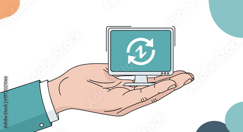 Hand in a business suit holding a small flat screen computer monitor with a data sync or update icon on the display for tech services.