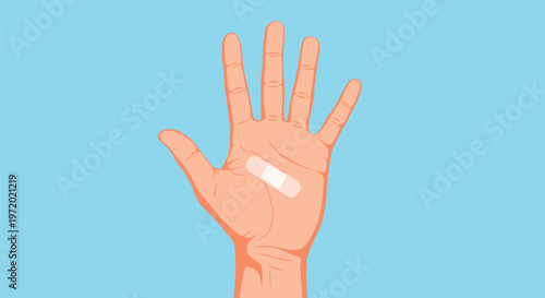 Open human hand with a medical adhesive bandage on the center of the palm indicating an injury or skin protection on a blue background.