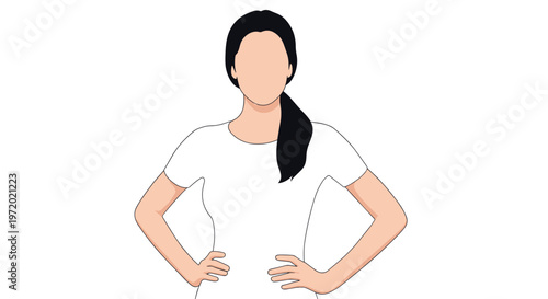 Faceless illustration of a woman in a white t-shirt standing confidently with her hands on her hips and her hair in a ponytail.