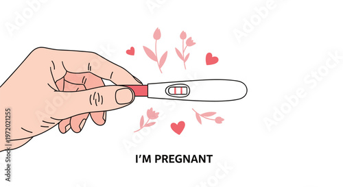 Hand holding a positive pregnancy test with two red lines against a background of decorative flowers and hearts for joyful news.