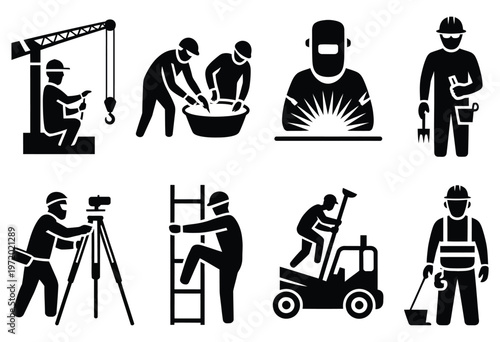 Construction worker silhouette icon set, builder and contractor work symbols, construction site labor icons, safety equipment and tools vector graphics